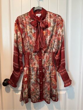 Aria Cove Red Paisley Long Sleeve Tie-Neck Smocked Waist Dress Size 4